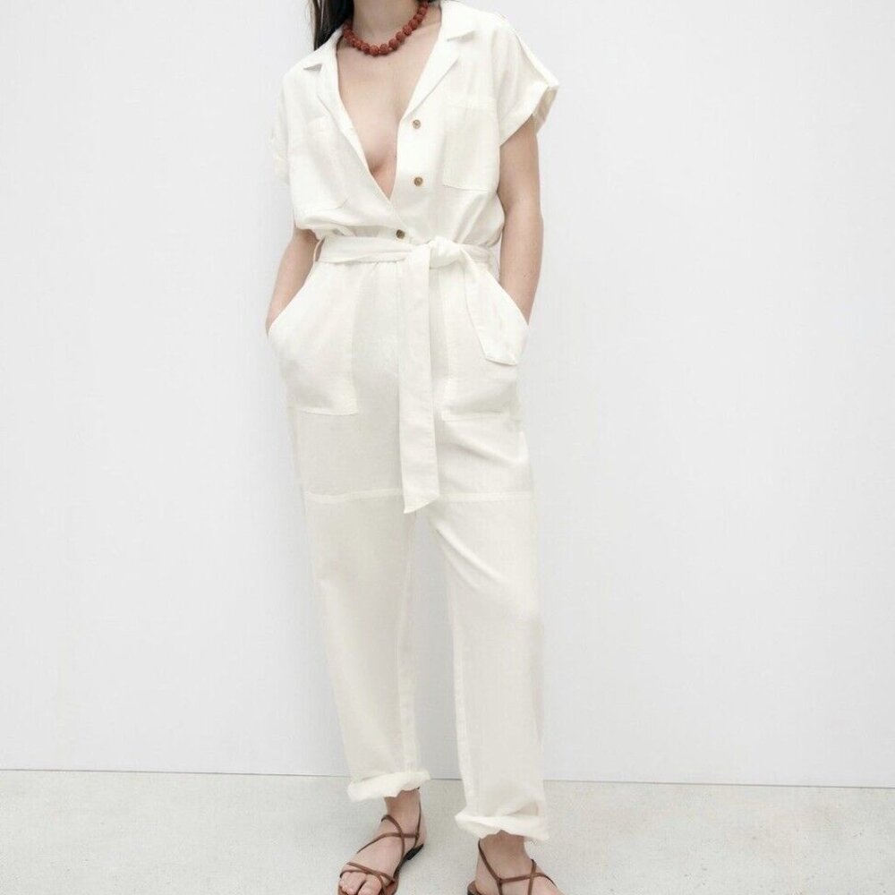 NWT ZARA LINEN BLENDCARGO STYLE JUMPSUIT WHITE SIZE S/M
